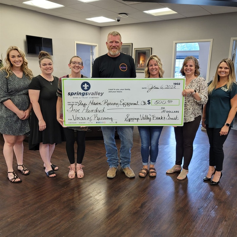Springs Valley Bank & Trust Donates $500.00 to Safe Haven Recovery Center