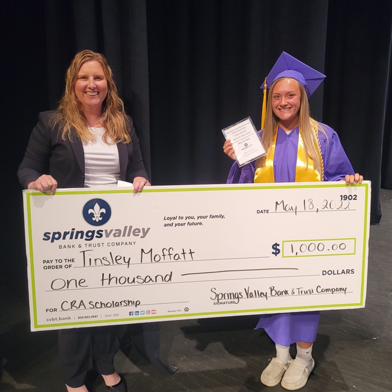 Tinsley Moffatt of Paoli Junior-Senior High School receives Springs Valley Bank & Trust Company’s 2022 Community Reinvestment Act (CRA) Scholarship