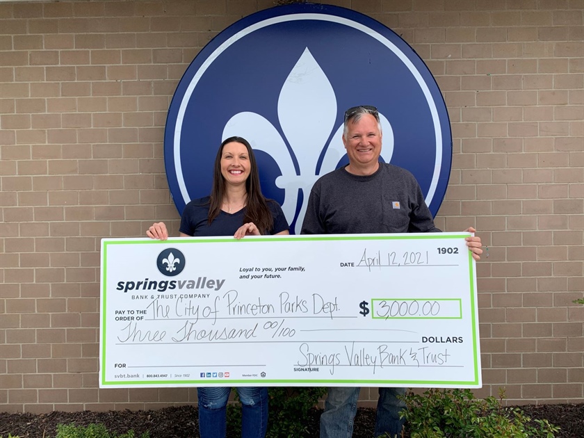 Springs Valley Bank & Trust Company donates $3,000.00 to the Princeton Parks & Recreation Department