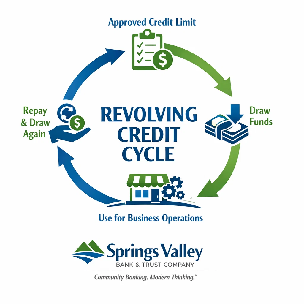 Infographic of the business line of credit revolving cycle showing draw, use, repay, and redraw stages for small businesses.