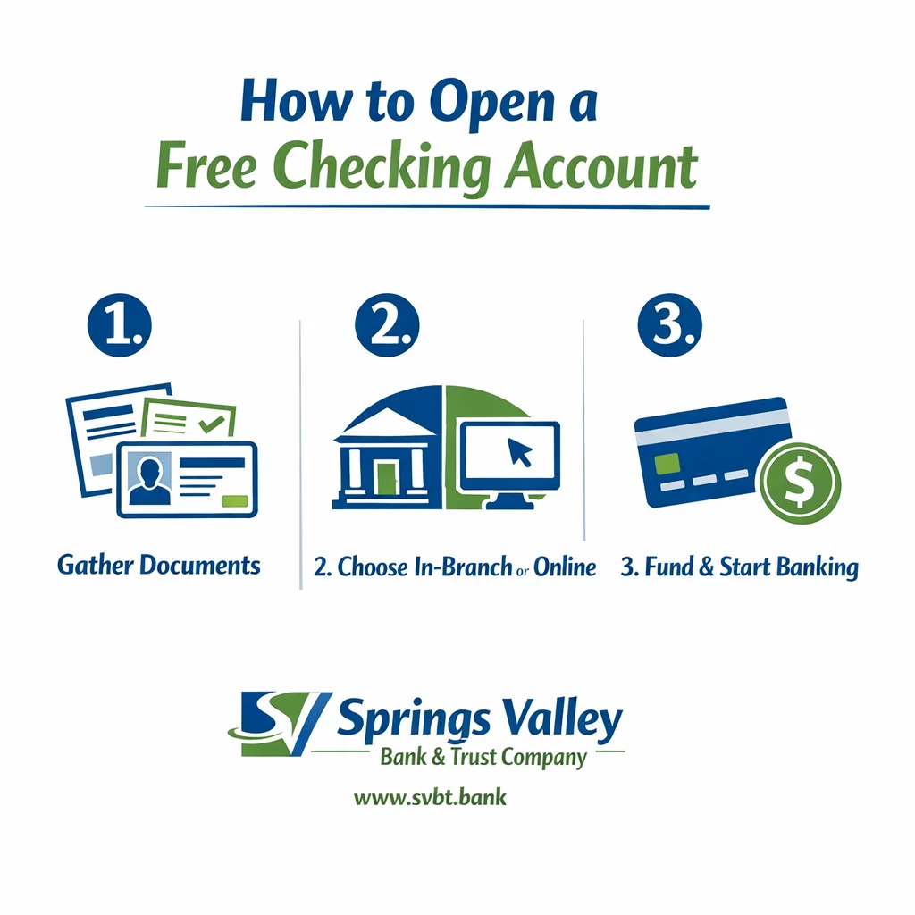 Infographic showing how to open a free checking account at Springs Valley Bank in three simple steps. Infographic showing how to open a free checking account at Springs Valley Bank in three simple steps.