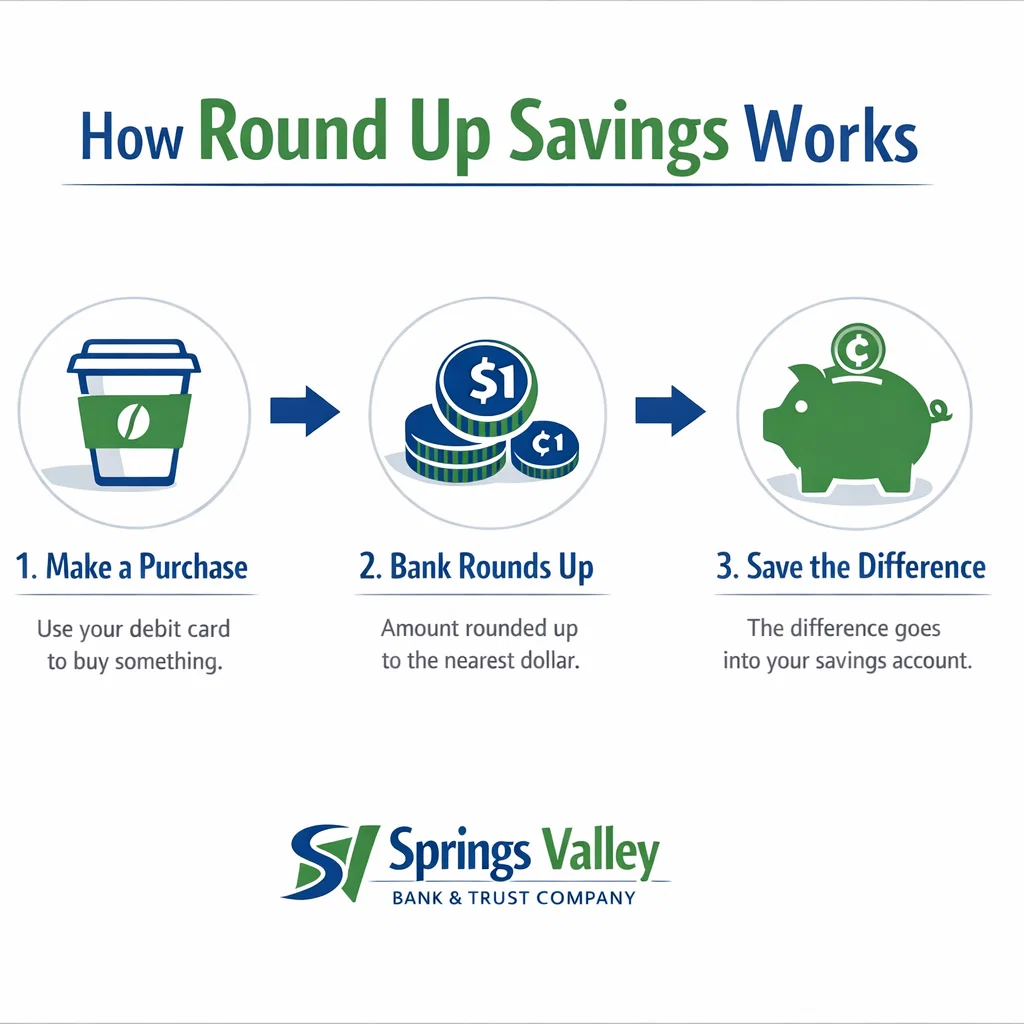 Step-by-step infographic showing how round-up savings work from debit card purchase to automatic savings transfer. Step-by-step infographic showing how round-up savings work from debit card purchase to automatic savings transfer.