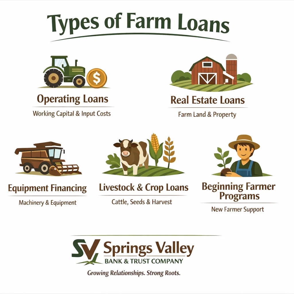 Types of agricultural loans for Indiana farmers showing operating, real estate, equipment, and livestock loans. Types of agricultural loans for Indiana farmers showing operating, real estate, equipment, and livestock loans.