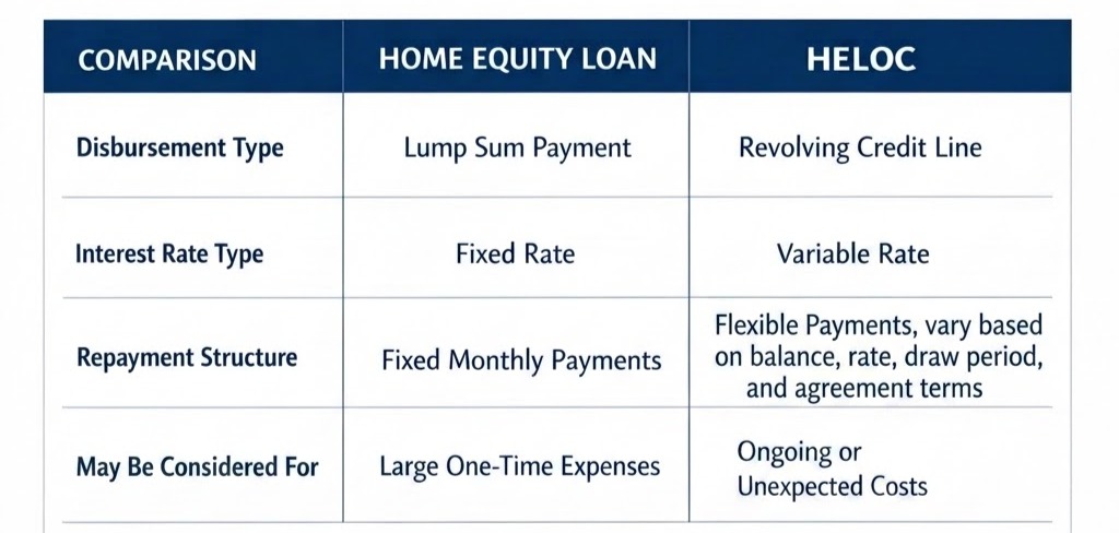 Comparison table of home equity loan vs HELOC by disbursement type, interest rate, repayment terms, and best use case. Comparison table of home equity loan vs HELOC by disbursement type, interest rate, repayment terms, and best use case.
