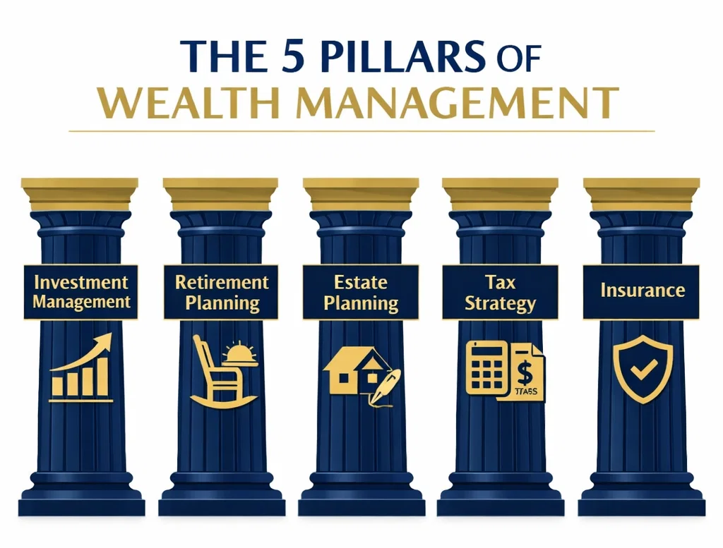 Wealth management services infographic showing five pillars offered by Springs Valley Bank and Trust Company.