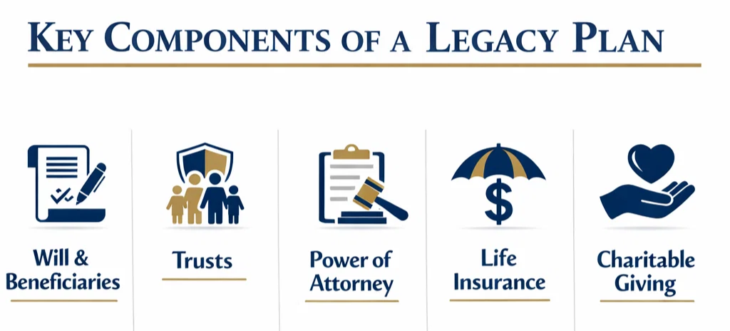 Infographic showing the five key components of a legacy plan, including trusts, wills, and beneficiary designations.